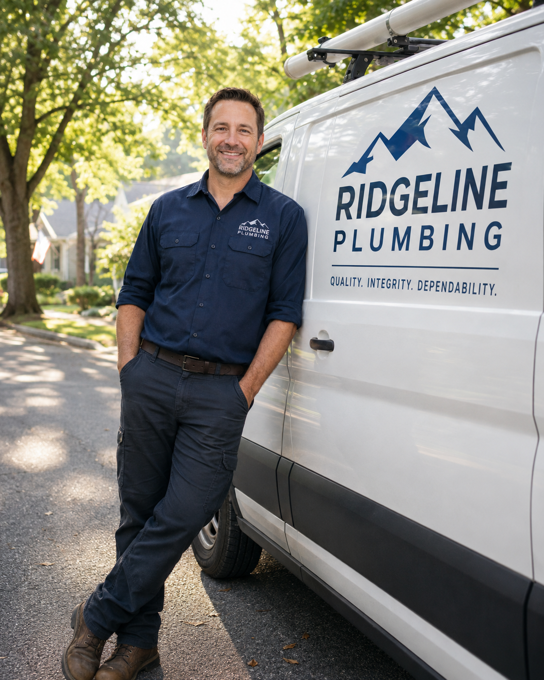 Ridgeline Plumbing founder Dan Kowalski leaning against a branded service van