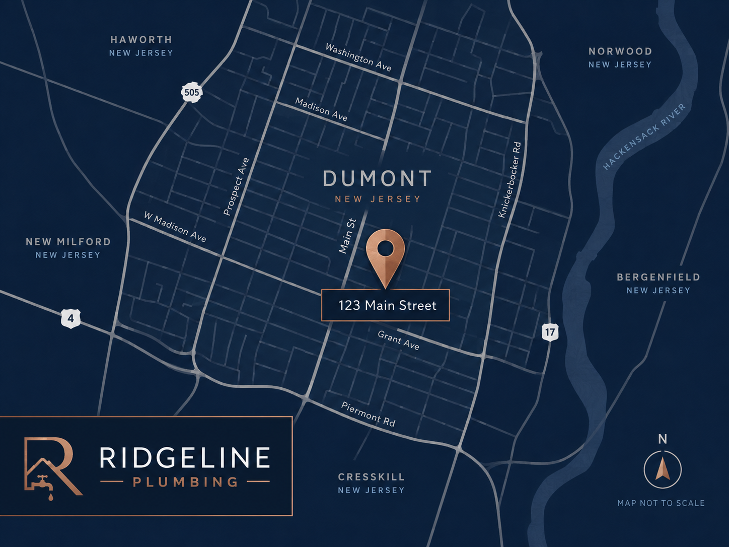 Map showing the Ridgeline Plumbing shop location in Dumont, NJ