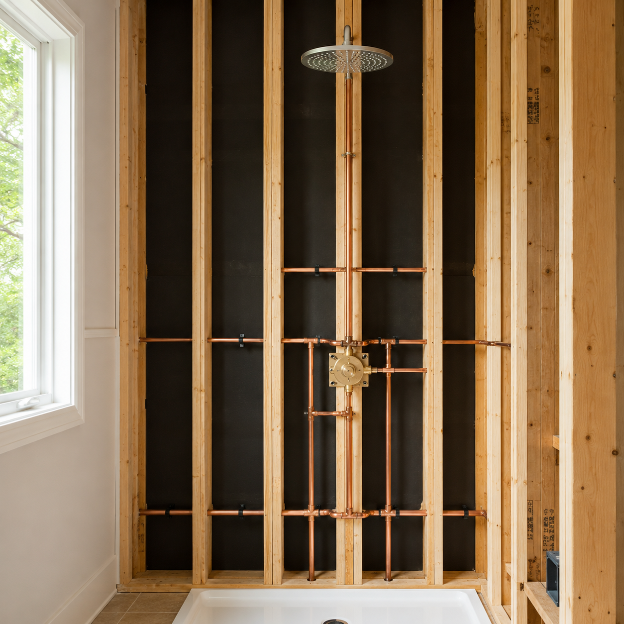 Freshly repiped bathroom wall with clean copper lines