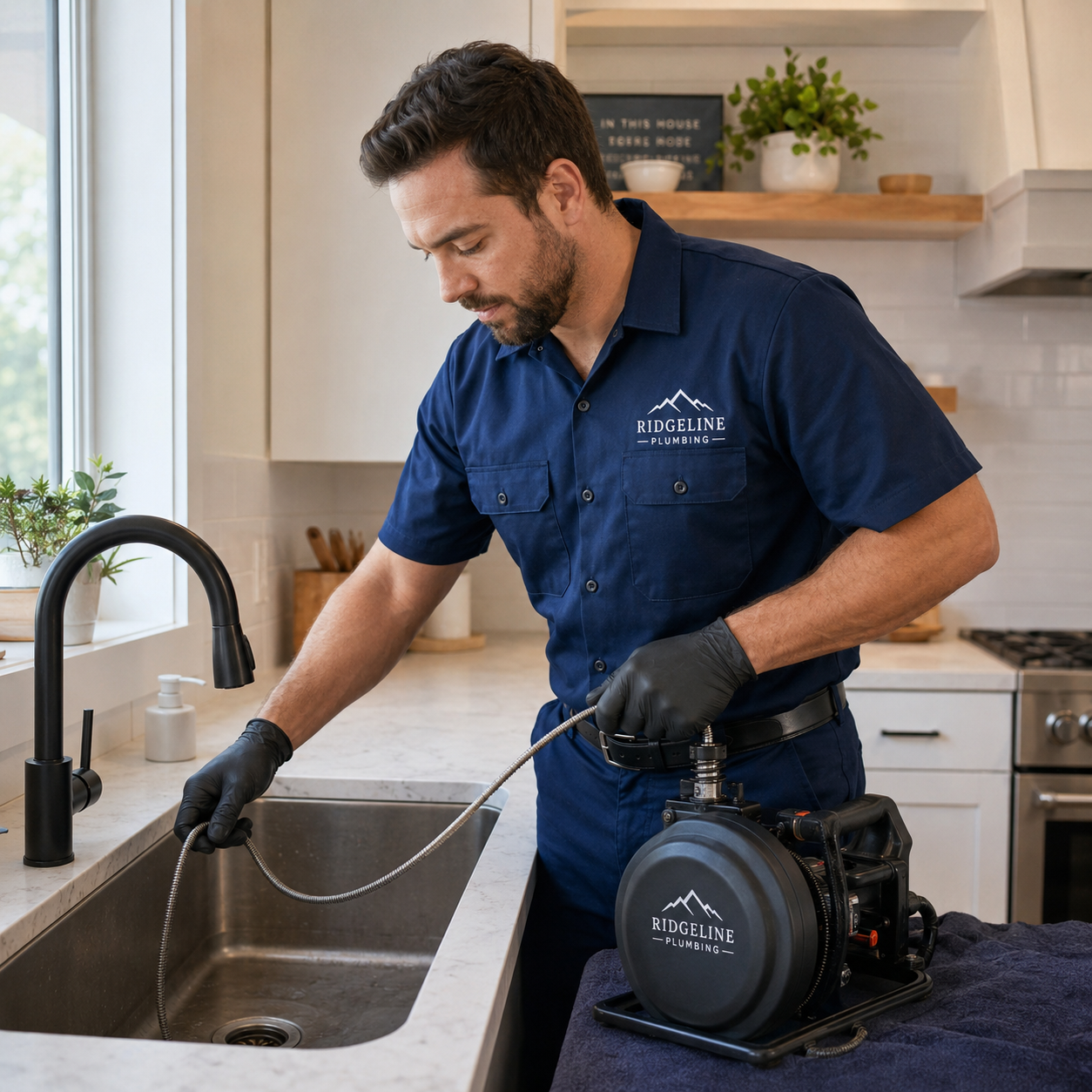 Plumber feeding a drain auger into a kitchen drain