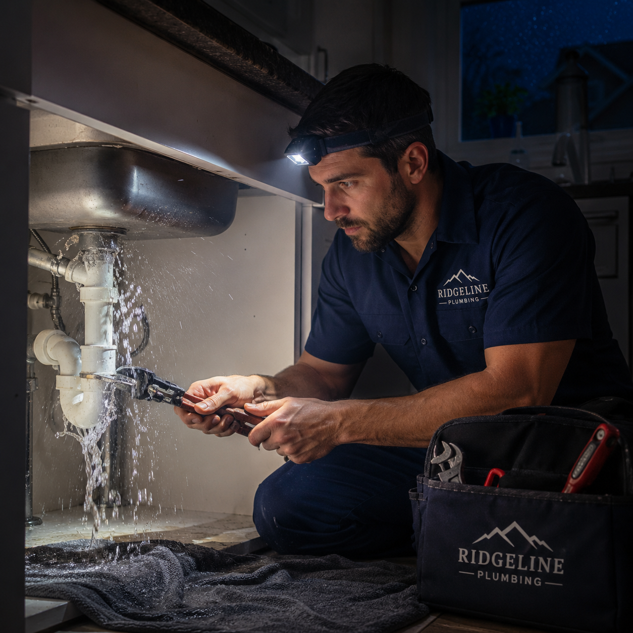 Plumber repairing a burst pipe under a sink