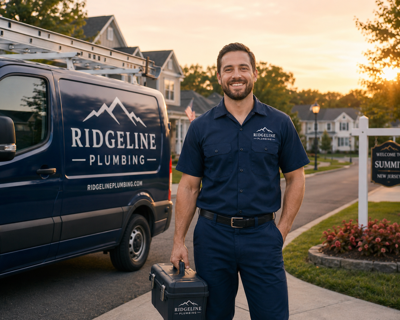 Ridgeline Plumbing technician standing beside a service van on a New Jersey street