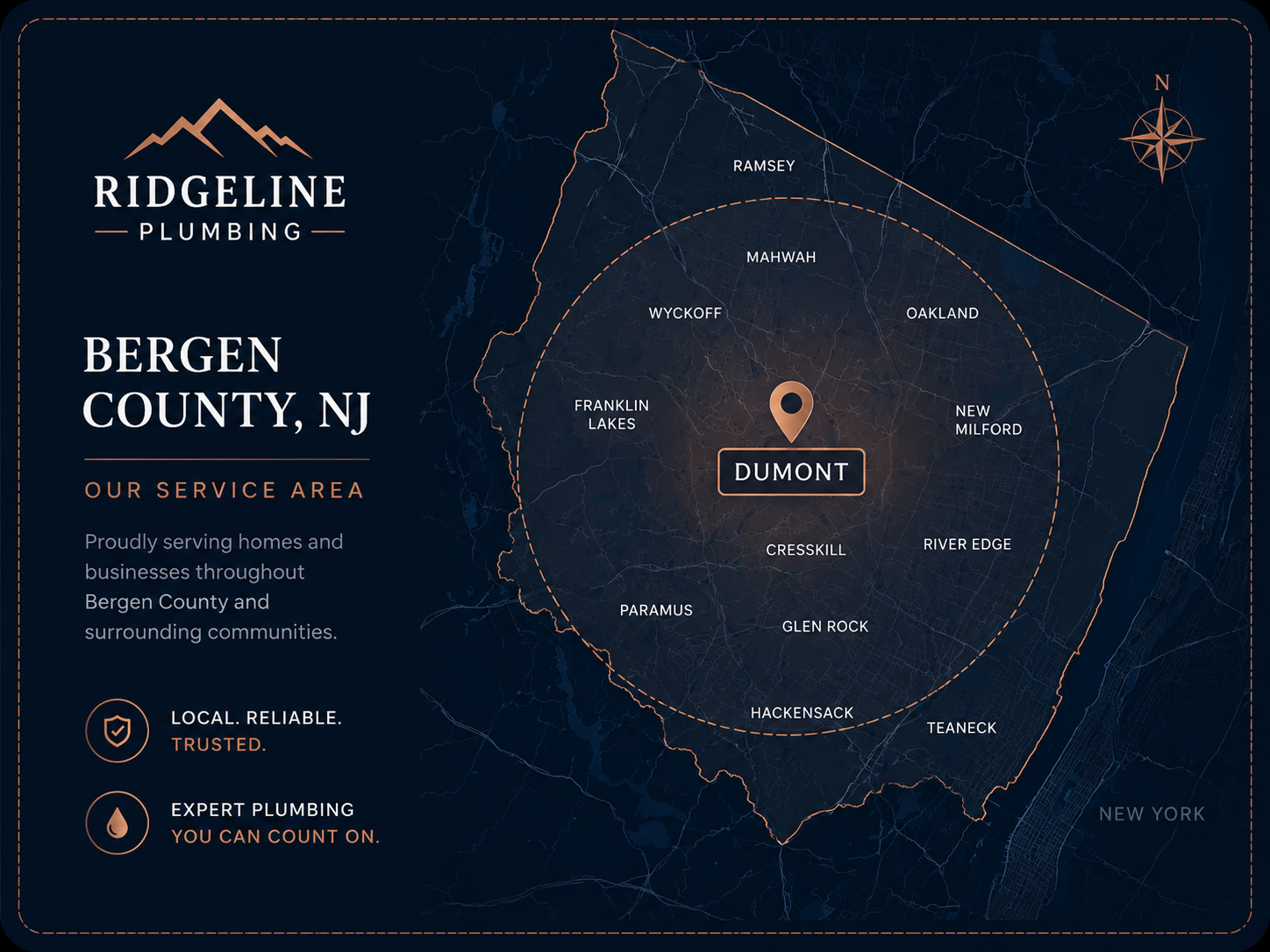 Map of the Bergen County, NJ service area centered on Dumont