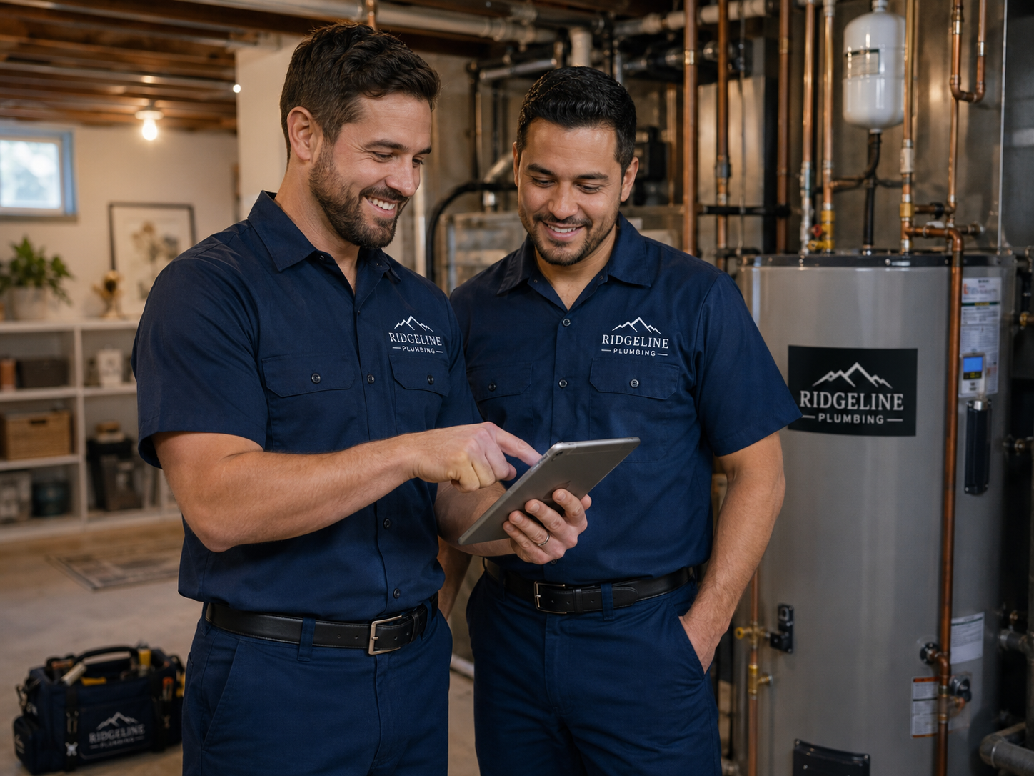 Two Ridgeline Plumbing technicians consulting a tablet on the job
