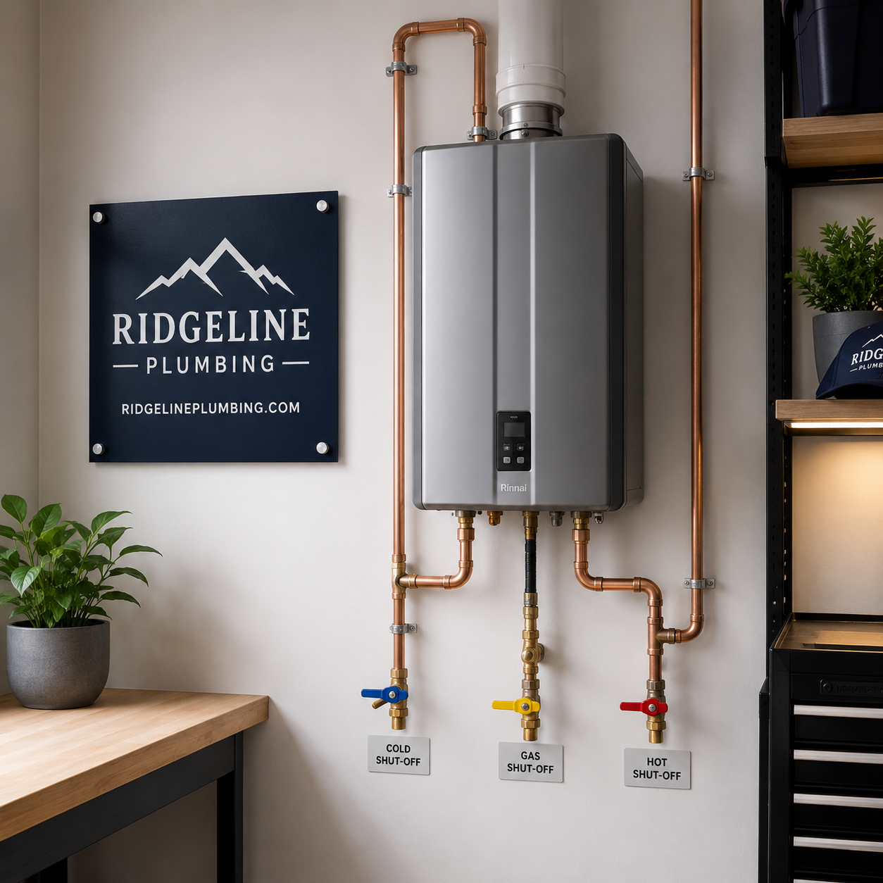 New tankless water heater neatly mounted in a utility room
