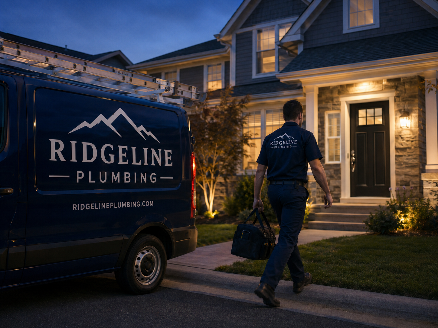 Ridgeline Plumbing service van responding to an emergency call at a suburban home