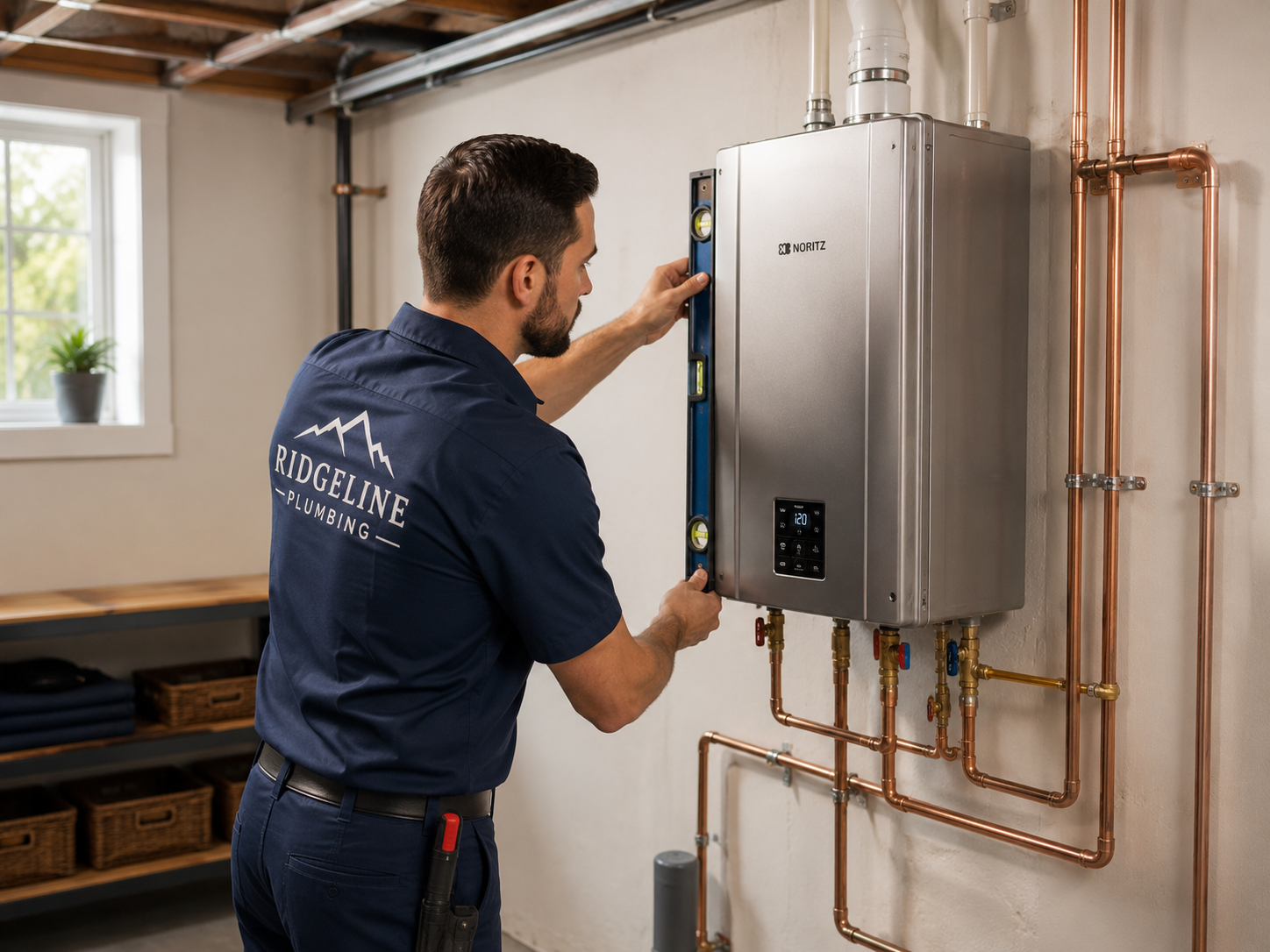 Licensed plumber installing a modern tankless water heater with neatly routed copper piping